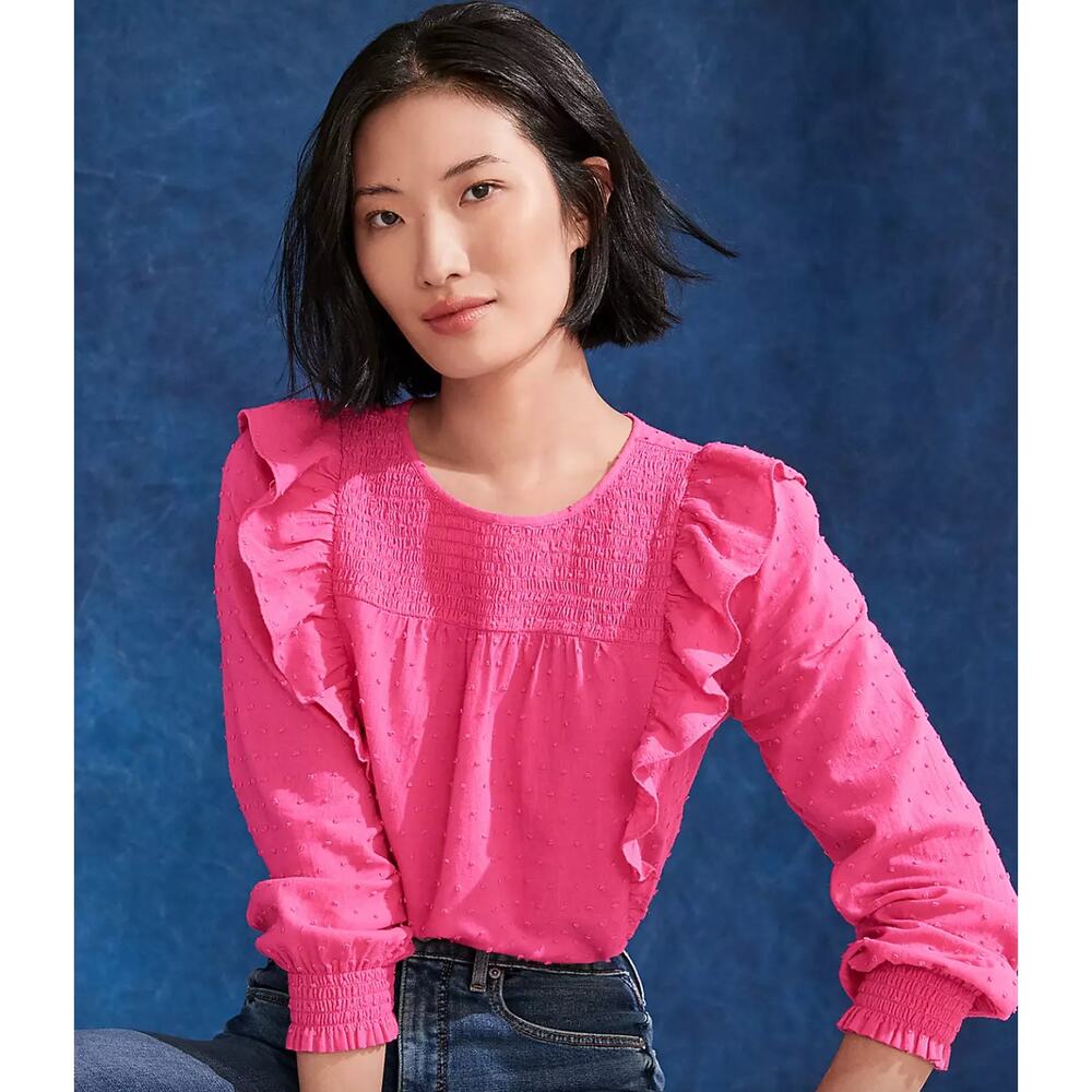Loft Women's Pink Clip Smocked Ruffle Blouse Size Medium Long Sleeve Swiss Dot
